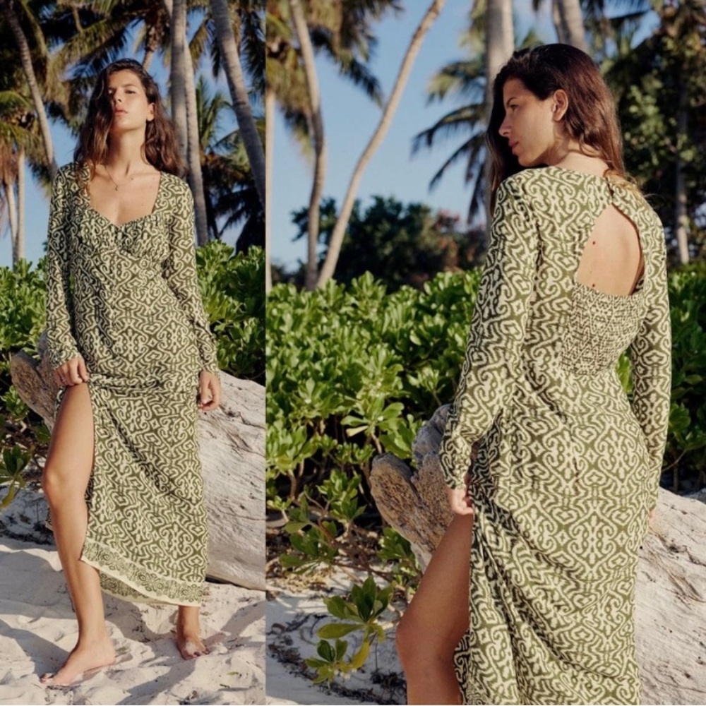 ZARA Long Sleeve Print Midi Dress Ecru/Khaki Size Medium